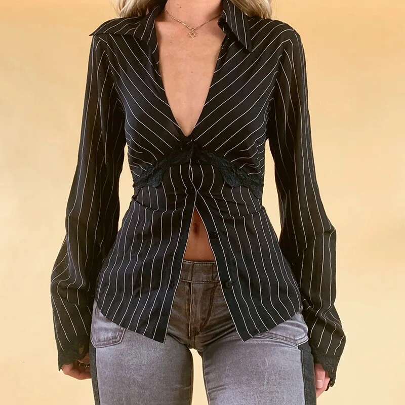 Lamuusaa Striped Shirts Women Lace Trim Deep V Neck Single Breasted Flared Sleeve Cardigan Blouses Tops Y2k Clothing Streetwear