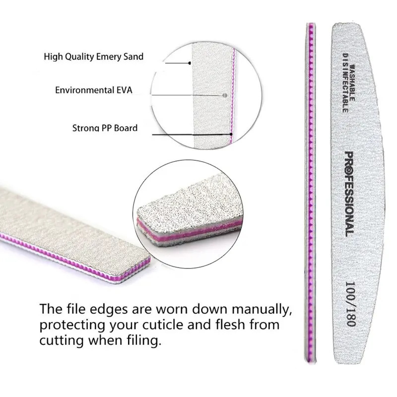 50Pcs/Lot Grey White Half Moon Purple Core Nail Files 80/100/180 Womens Nail DIY Thickening Professional Nails Polishing Tools 250214
