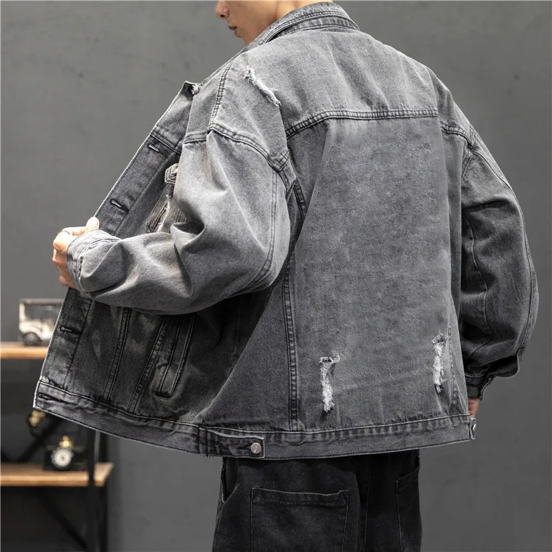 Spring Autumn Mens Denim Jacket Cotton Hole Jeans Jackets Men Coat Loose Casaul Streetwear Hip Hop Jean 250214