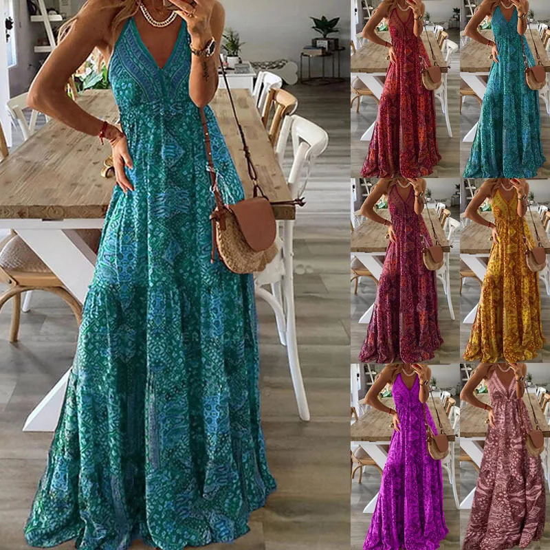 Spaghetti Strap Dresses For Women Vintage Printed Bohemian Style Beach Dress Fashion Sexy V-neck Lady Maxi A-line Dresses 250213