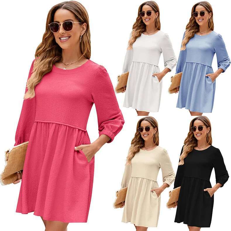YJKDYK Spring Autumn Women's Long O-Neck Casual Loose Female Bubble Sleeve Waistband Pure Color Dress