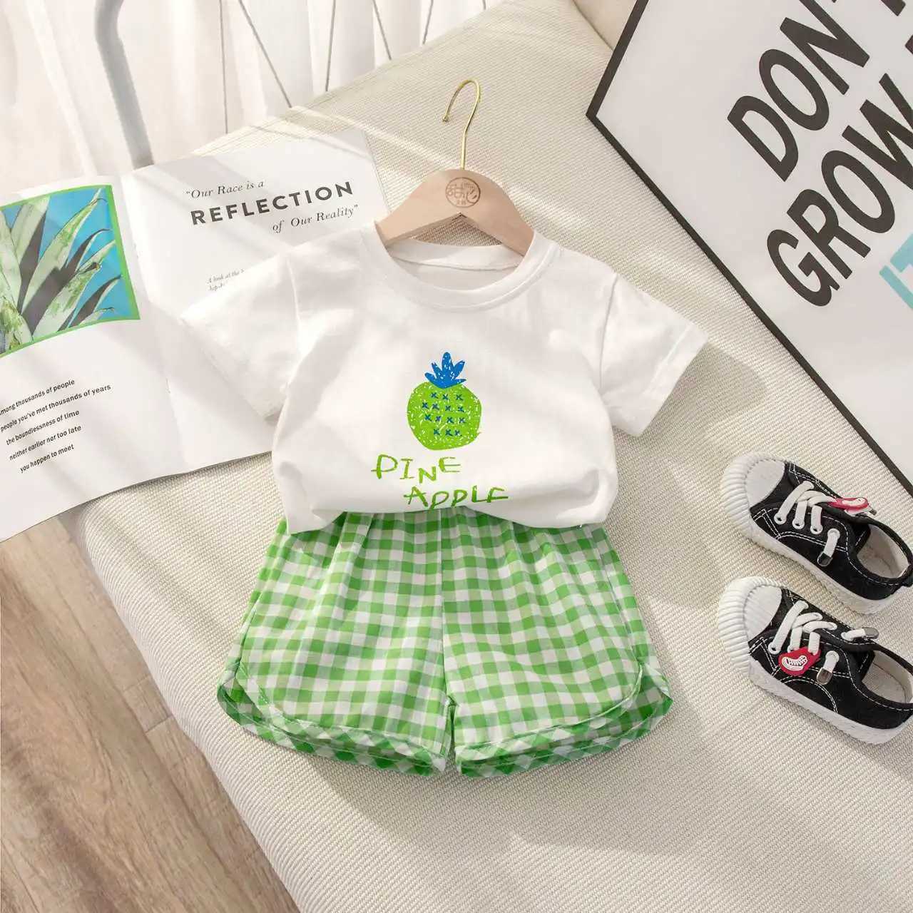 Fruit T-shirt Plaid Shorts Girls 2pc/set Summer Childrens Clothes Cotton Kids Short Sleeved Suit Fashion Baby Clothing 1-6Y W250218