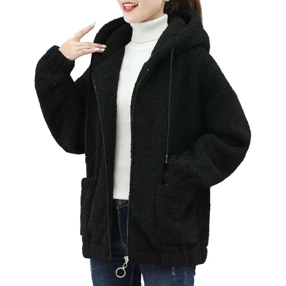 Women Autumn Winter Hooded Drawstring Coat Long Sleeve Pockets Zipper Placket Thick Plush Cardigan Outwear Streetwear
