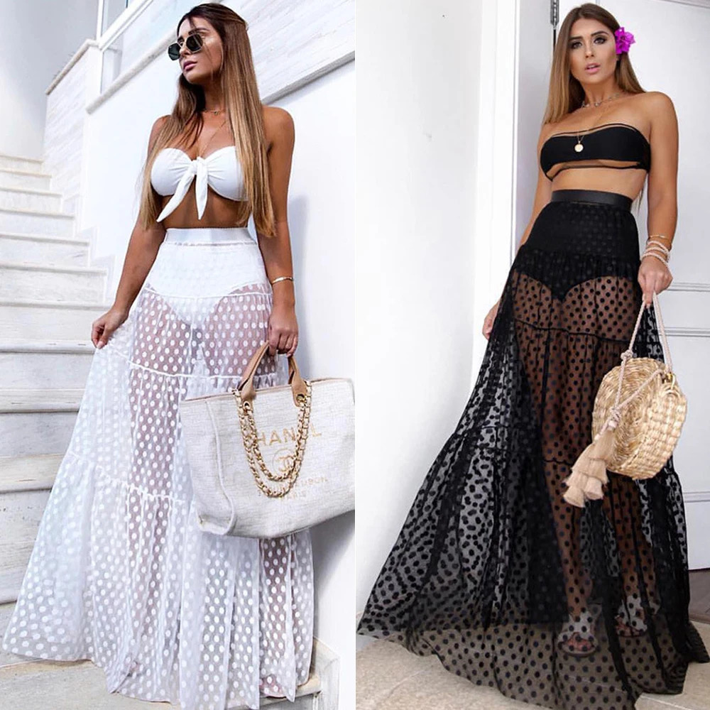 Women Summer Bikini Cover Ups Polka Dot Mesh Sheer High Waist Long Skirt See Through Beach Tulle Wrap Swimwear Swimsuit 250212