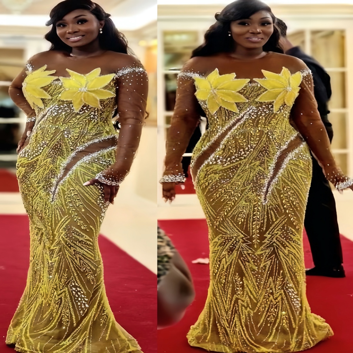 Aso Ebi 2025 Yellow Illusion Mermaid Prom Dresses Beaded Crystals Florals Evening Formal Party Second Reception Birthday Gowns Dress For Special Occas