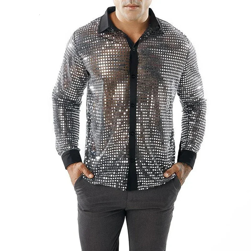 Fashion Mens Sparkly Sequins Party Dance Shirts Retro 70s Disco Nightclub Shirt Tops Single Breasted Performance Clothing 250217