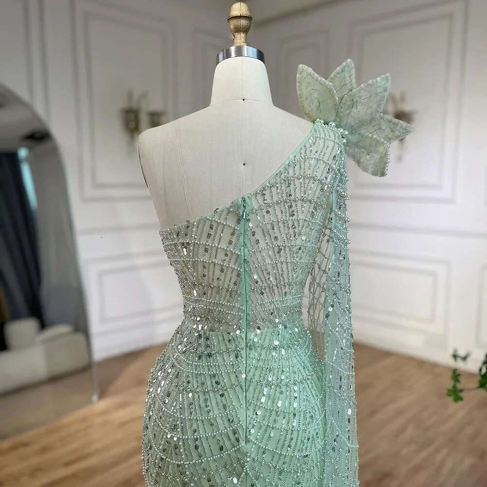 Green Sage Mermaid One Shoulder Pearls Dubai Arabic Evening Dresses Gowns Customize