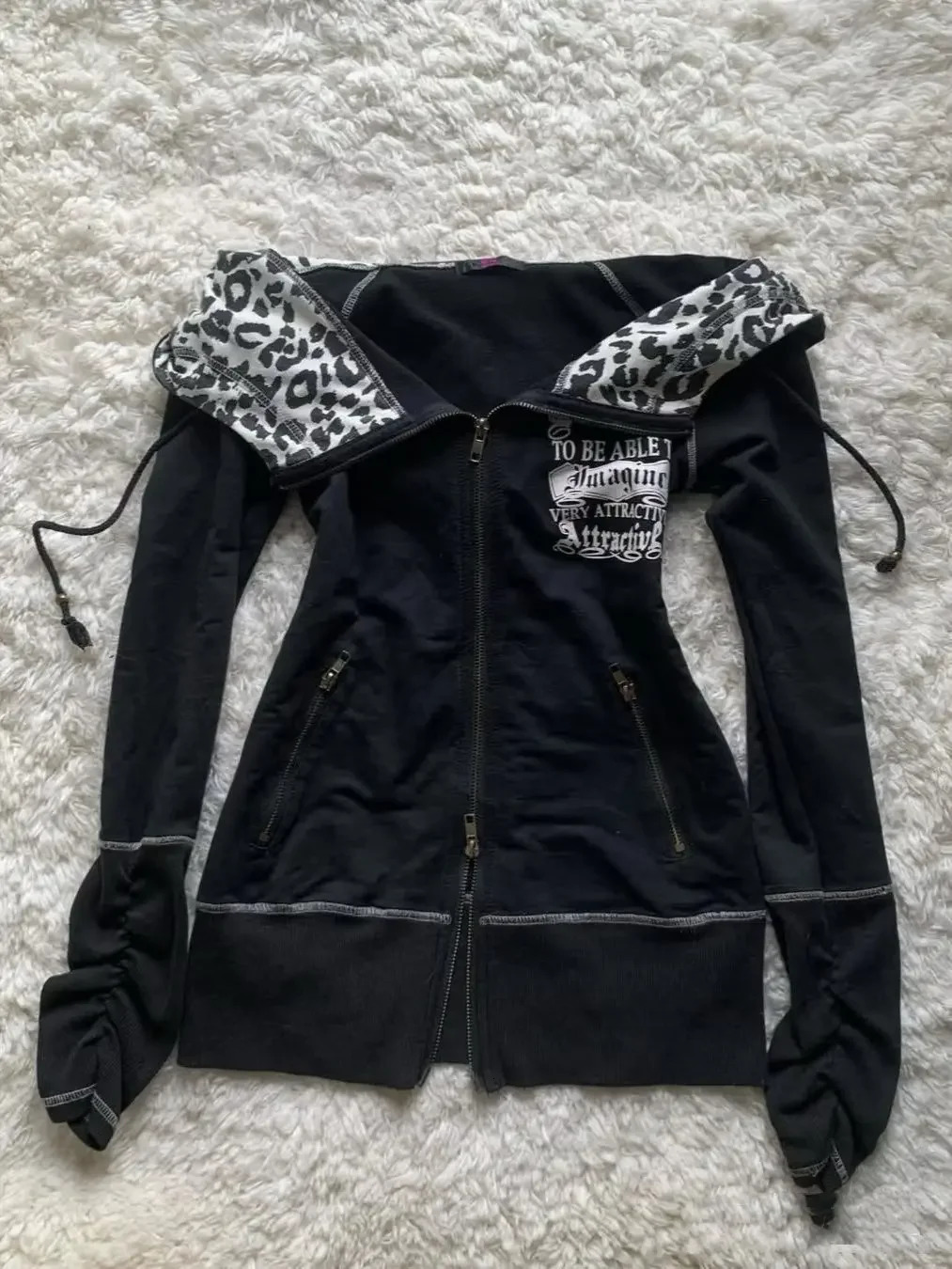 American street girl retro print black classic zipper hoodie womens y2k hiphop trend temperament slim n jacket 250213