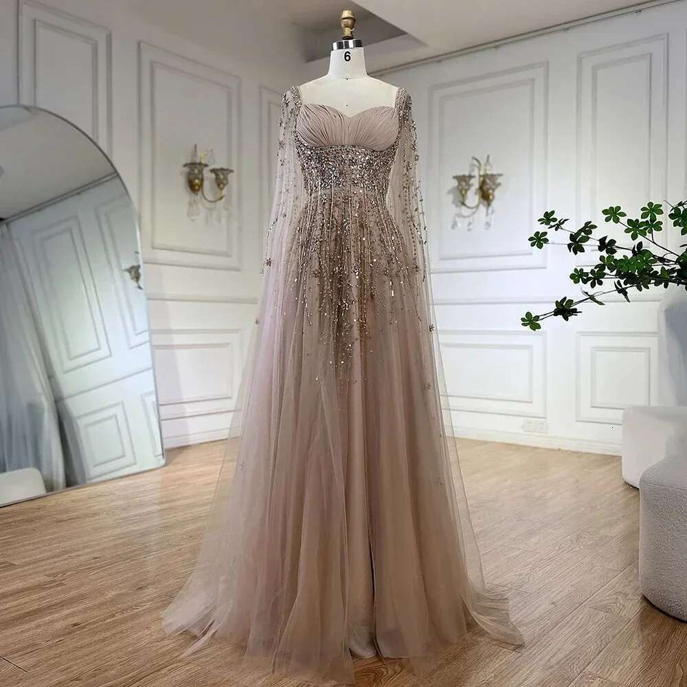 Champagne Arabic Dubai Evening Dress Celebrity Beaded Tassel High Slit Women Evening Party Customize BLA