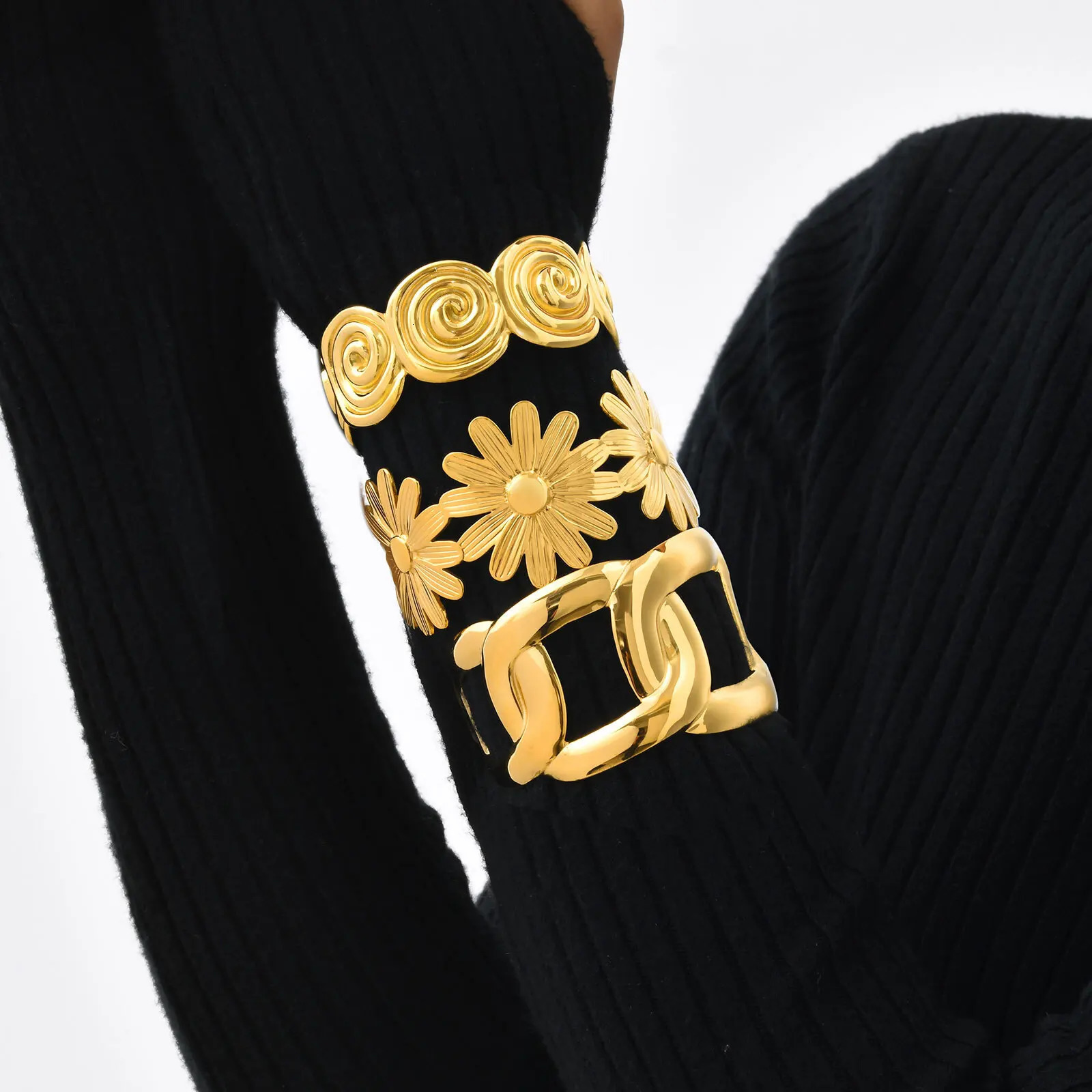 Vnox Stainless Steel Chunky BanglesLittle DaisySpiricle n Charm Link Bracelet Cuff BangleFashion Jewelry For Women Girls 250213