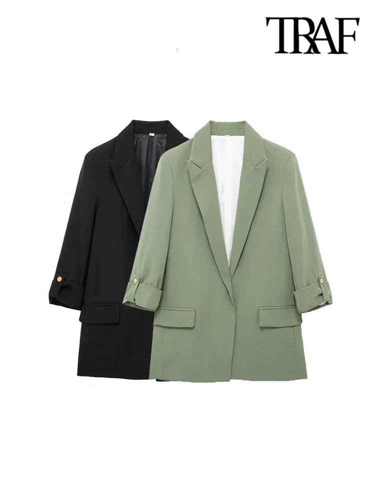 TRAFWomens Open Blazer Coat with Turnup Sleeves Front Flap Pockets Female Outerwear Chic Tops Fashion 250213