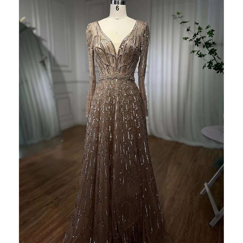 Caramel Muslim A E V Neck Beaded Dubai Long Evening Dresses Gowns Customize Evening Party