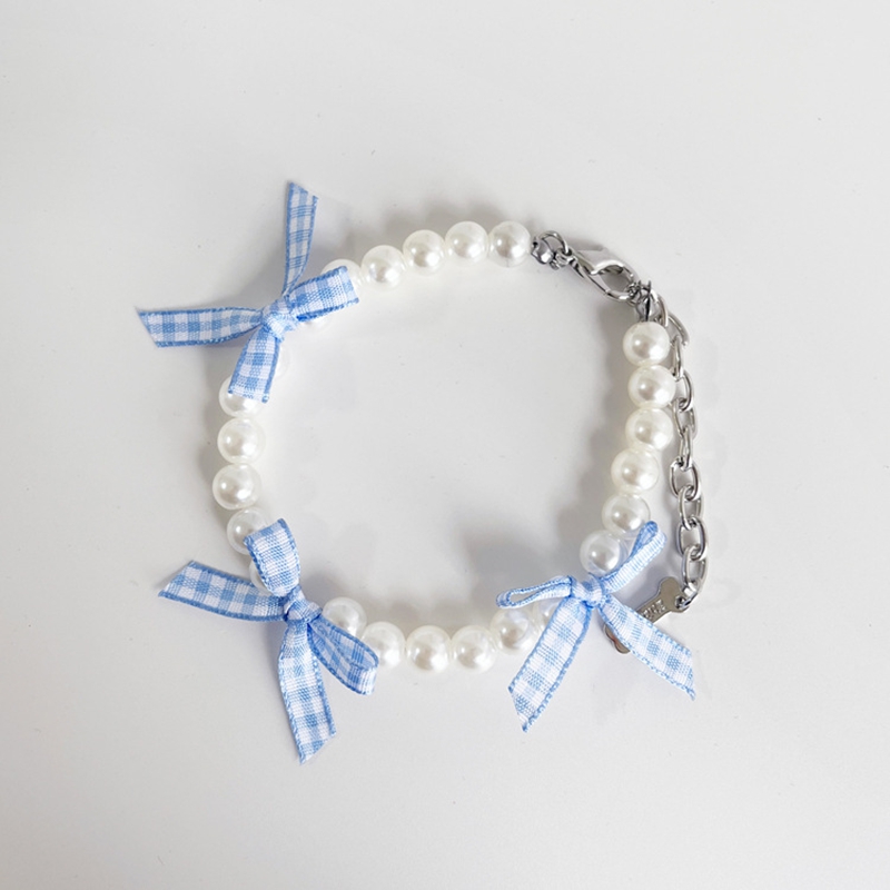 Pearl Dog Necklace with 3 Cute Bows, Cat and Dog Cute Pearl Necklace for Small Medium Dogs Pomeranian, Chihuahua, Pet Neck Decoration, Adjustable Pet 