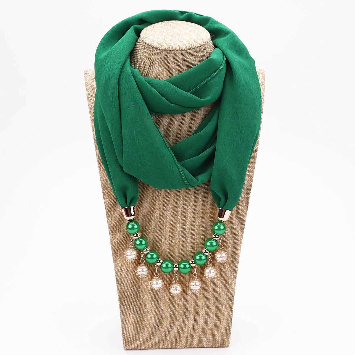 Womens Chiffon Neckerchief Hijabs Scarf Necklaces Beads Pearls Solid Color Jewelry Shl Pendant Scarves Bohemia Head Scarf W250218