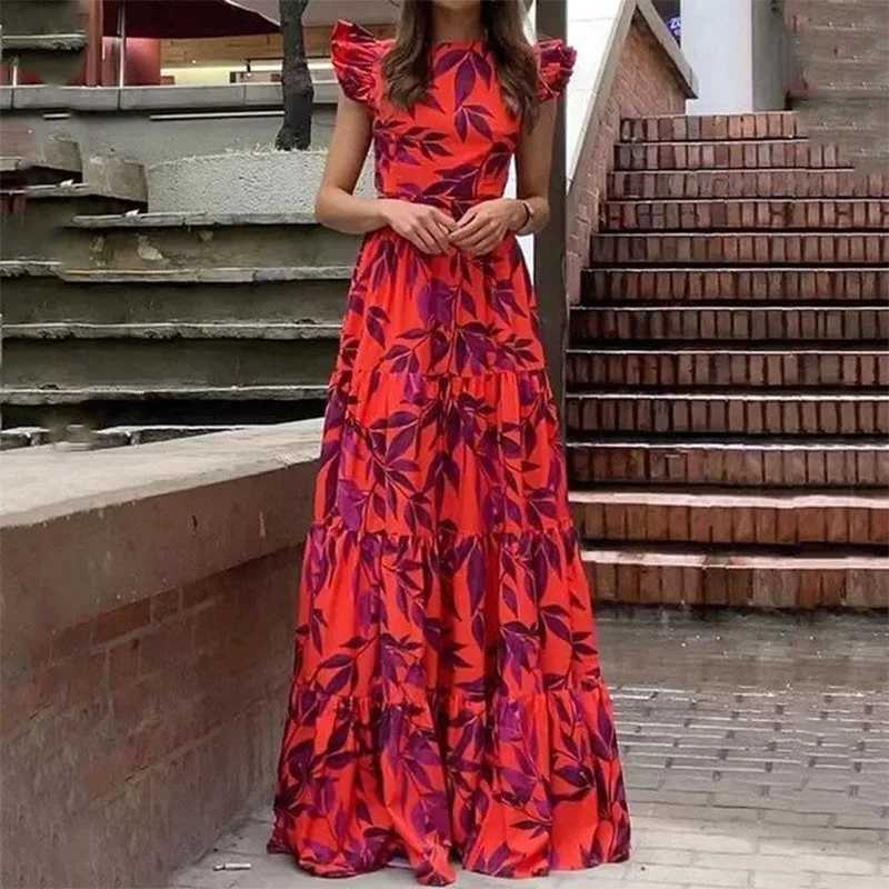 Basic Casual Dresses Fashion Printed Maxi Dress For Women Summer Ruffled Short Slve O Neck Backless Lace Up Slim High Waist Casual Long Dresses H25217