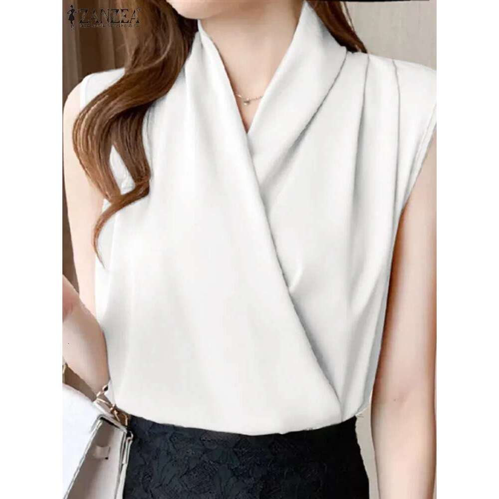 Elegant V Neck Sleeveless Satin Blouse 2024 ZANZEA Summer Women Office Work Tops Female Casual Solid Pleated Shirt Blusas Mujer