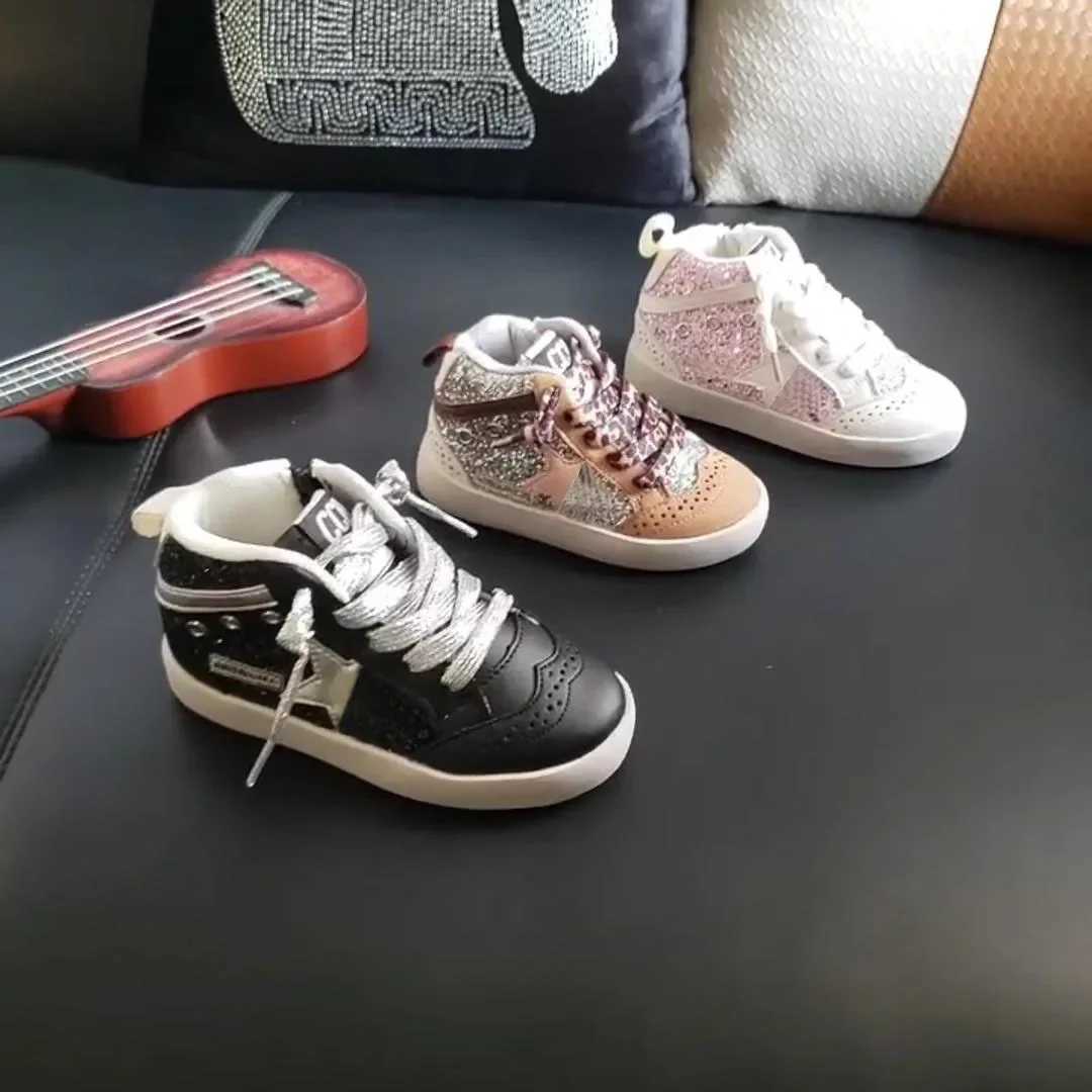 Brand New Luxury Glitter Leather Kids Sneakers Girls Boy Sequin Star Kids High Top Star Trainers Soft Sole Small Casual Shoes Z250217