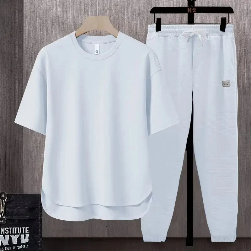 Summer Trend Loose Solid Color Breathable Mens Cotton Casual Short-sleeved Drawstring Pants Two-piece T-shirt Set 250217