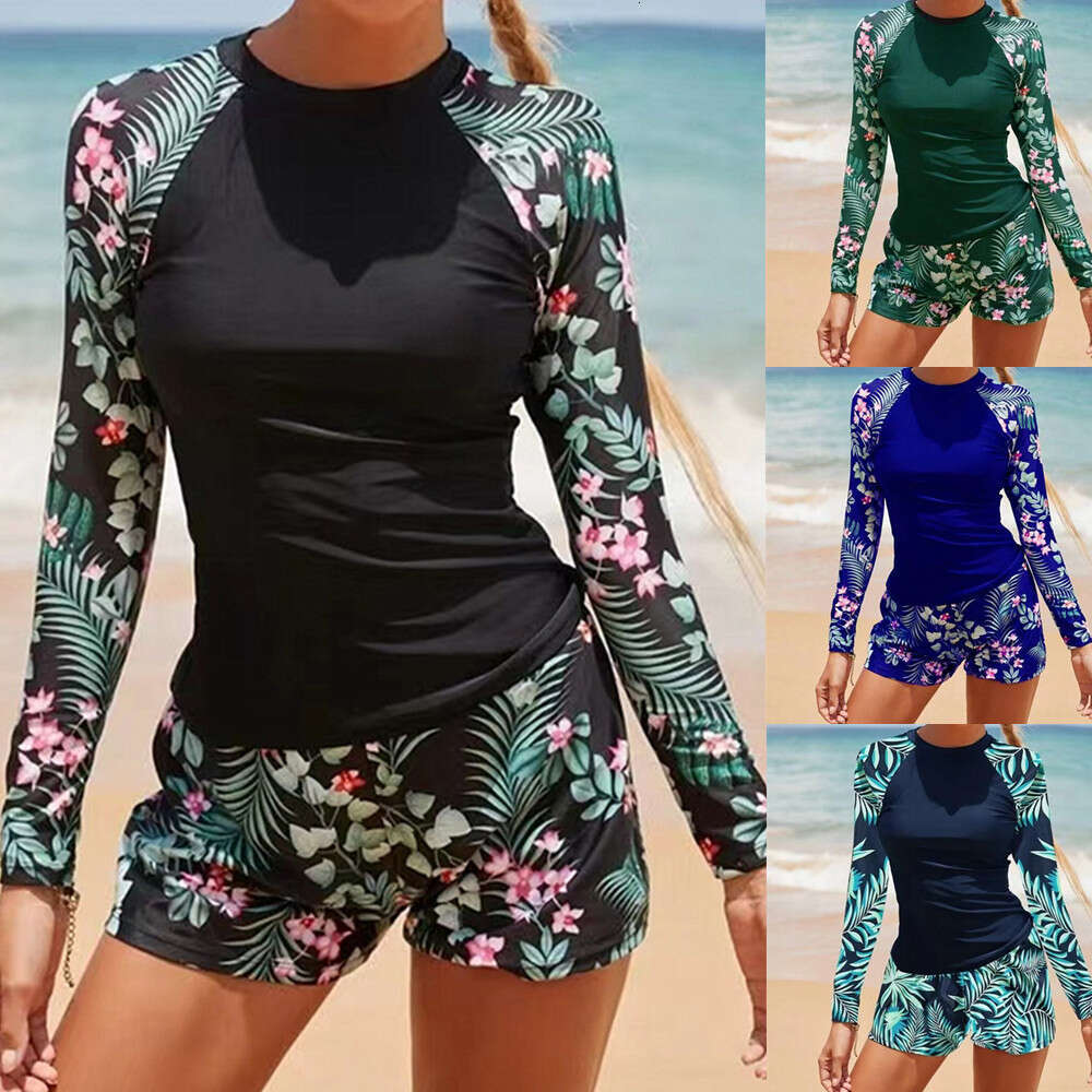 European and American long sleeved digital print conservative women's split bikini swimsuit 2025 temperament versatile new trendy clothing ins