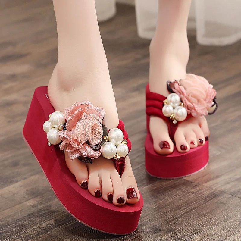 Platform Sandals 2024 Summer Fashion Women Flip Flops Wedge Beach Slides Flower Pearl Ladies Outside Thick Sole Bohemian Sandals 250217