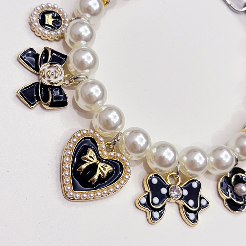 Luxury Dog Pearl Necklace with Love, Bow, Flower, 5 Black Gold Charms, Cat Dog High Quality Pearl Necklacefor for Small Medium Dogs Birthday Gift, Adj