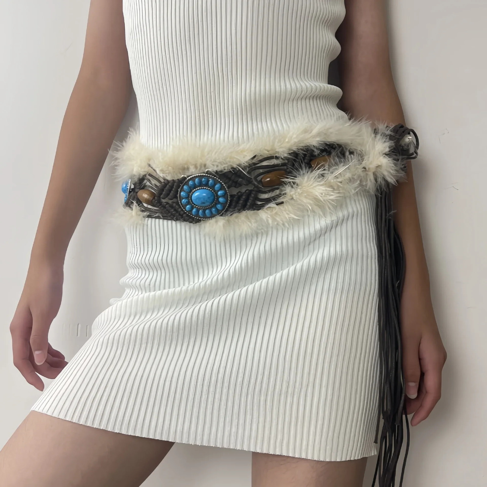 Bohemian Weave Fur Belts Vintage Cowgirl Belt Y2K Metal Plush Waxed Rope Waist Furry Fur Waistband Punk Night Club Beach 250214