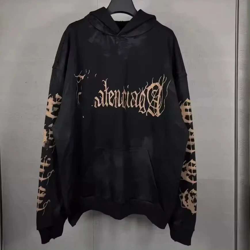 P Authentic Version Vintage Letter Hooded Sweatshirt Casual Style Loose Fit High Street Trend