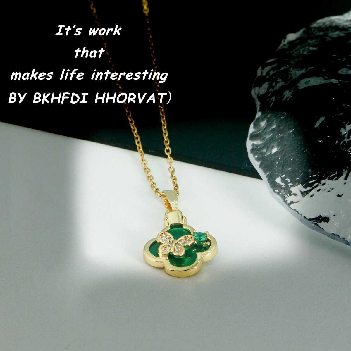 Pendant Necklaces New Green Four Leaf Clover For Women Lucky Gold Color Butterfly Stainless Steel Necklace Fashion Jewelry Gift H250217