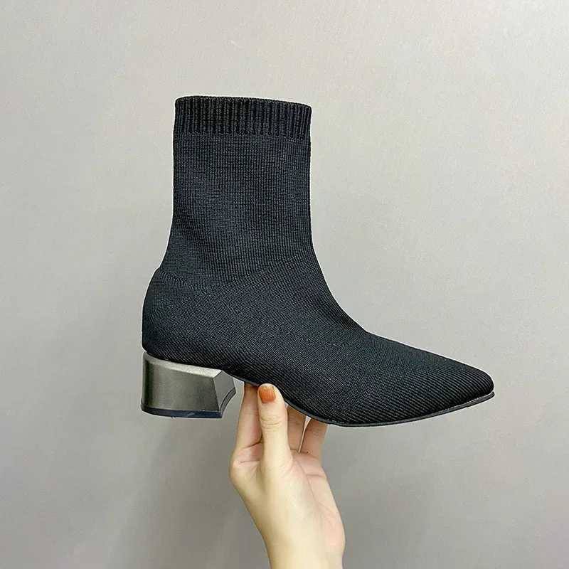 Womens Knitted Ankle Boots Pointed Toe Strehy Chunky med Heels Fi Sock Short Botas womens bootsXJ250217