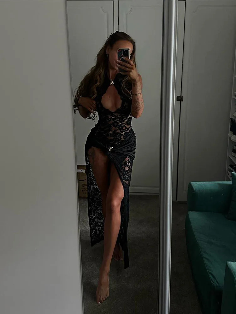 Lace Dresses For Women Fashion Sexy Elegant Solid Sleeveless Tank Hollow Out O-Neck High Side Split Slim Fit Long Vestidos Robes 250217