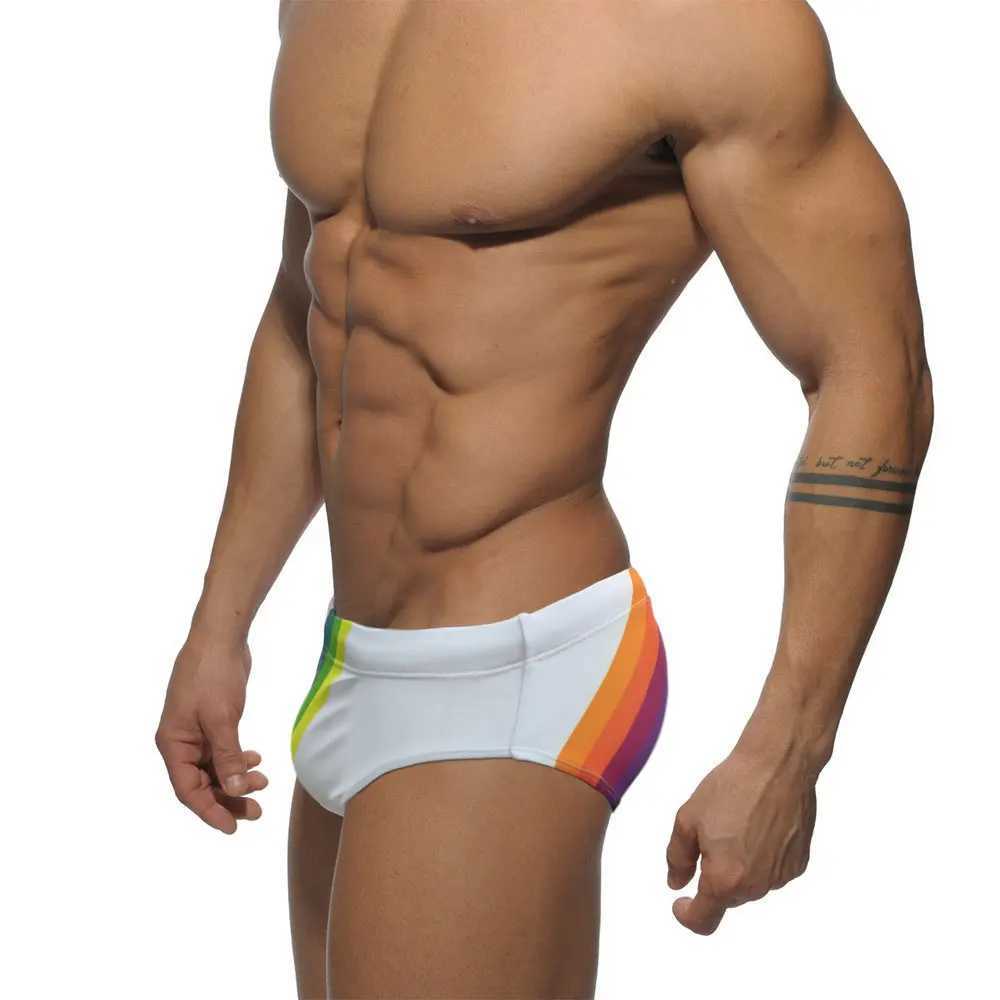 Swimsuit Rainbow Print Low Waist Mens Triangle Swimsuit Cup Anti-Embarrassment Tether Beach Pants M250218