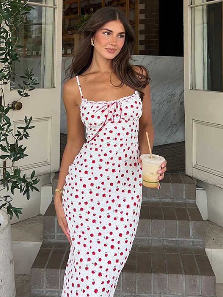 Basic Casual Dresses Fantoye Sexy Backless Print Floral Women Dress White Spaghetti Strap Evening Dress Female Summer Elegant Party Clubwear Vestidos 