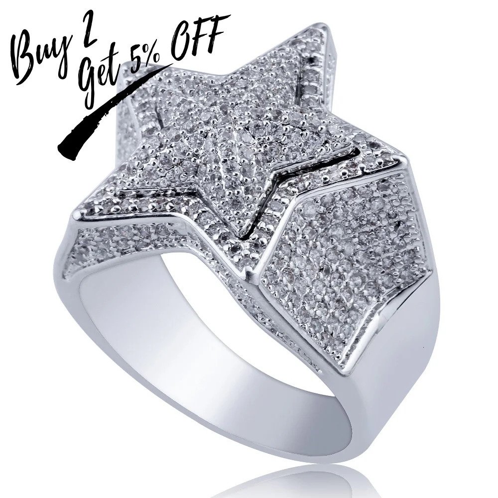 TOPGRILLZ Hip Hop Five Star Rings Mens Gold Silver Color Iced Out Cubic Zircon Jewelry Gifts 250214