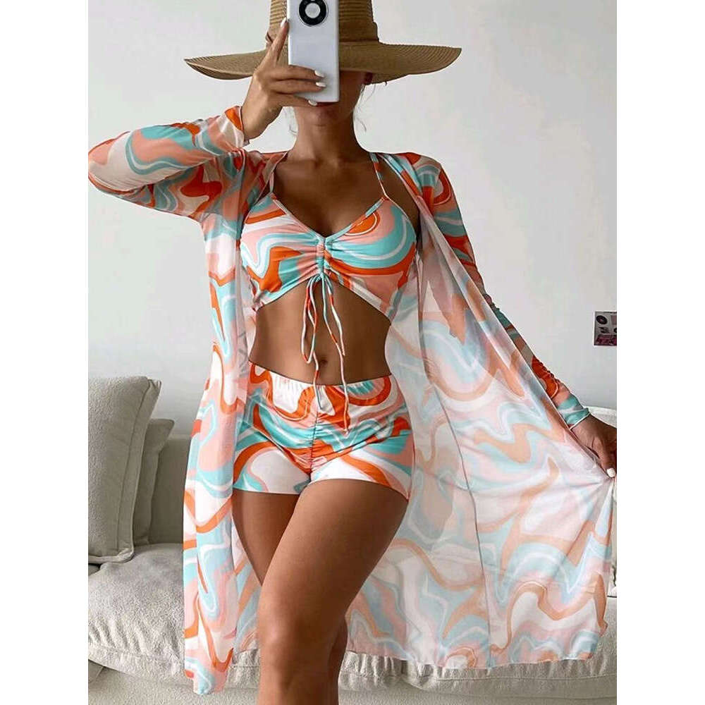 bikini three piece set with digital printing, draped in flat leg pants, swimsuit for women, 2025 new style, chic and elegant clothing