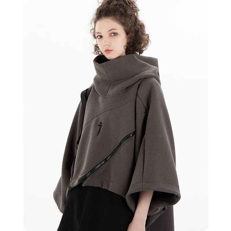 Unisex Autumn Irregular Functional Hoodie Zipper Cape Pullover Men's Clothing Haruku Hooded Sweatshirt High Street Streetwear