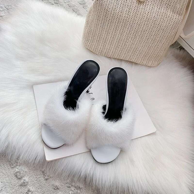 Mink fur high heels women, slim heels, summer new style, open toe slippers, sexy fish mouth leather party sandals for women