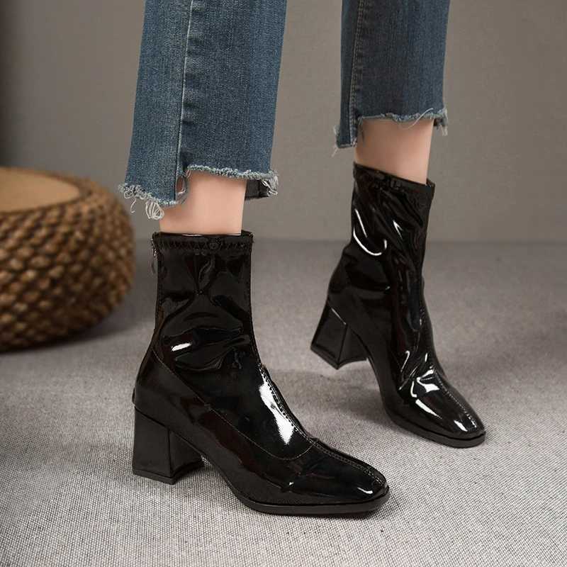 Brand Women Shoes 2023 New Black Patent Leather Fi Square Toe Womens Boots Thick Heel Ladies High Heel Ankle BootsXJ250217