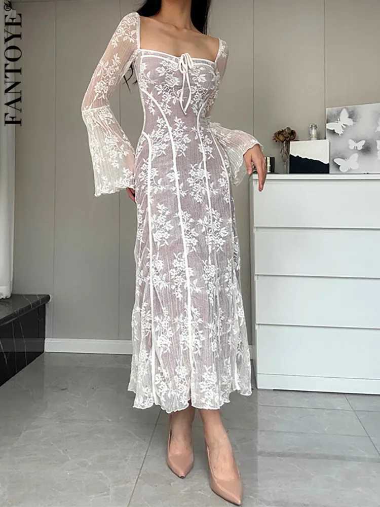 Basic Casual Dresses Fantoye Sexy Square Collar Lace Women Maxi Dress White Long Slve High Waist Dress Autumn Slim Elegant Party Clubwear Vestidos H25