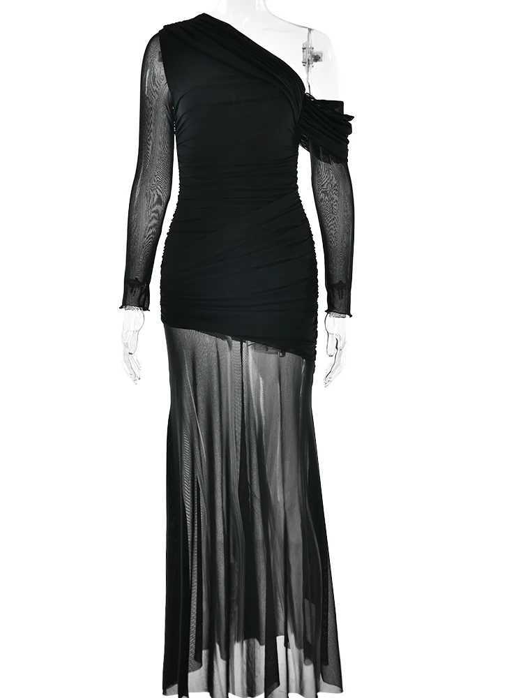 Basic Casual Dresses Fantoye Sexy One Shoulder Mesh Maxi Dress For Women Coff Long Slve Evening Dress Female Winter Skinny Elegant Party Clubwear H252