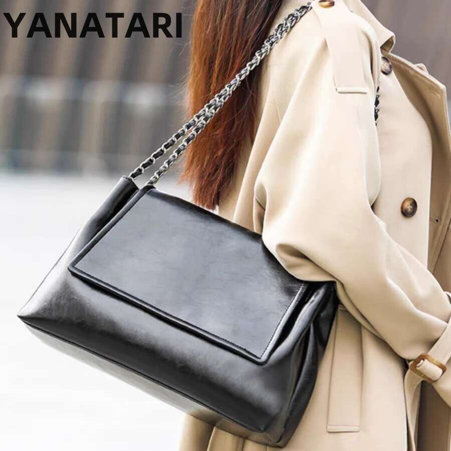 Chain Shoulder Bag Woman Soft Leather Large Capacity Square Tote Vintage Fashionable Cowhide Underarm Handbag Shopping