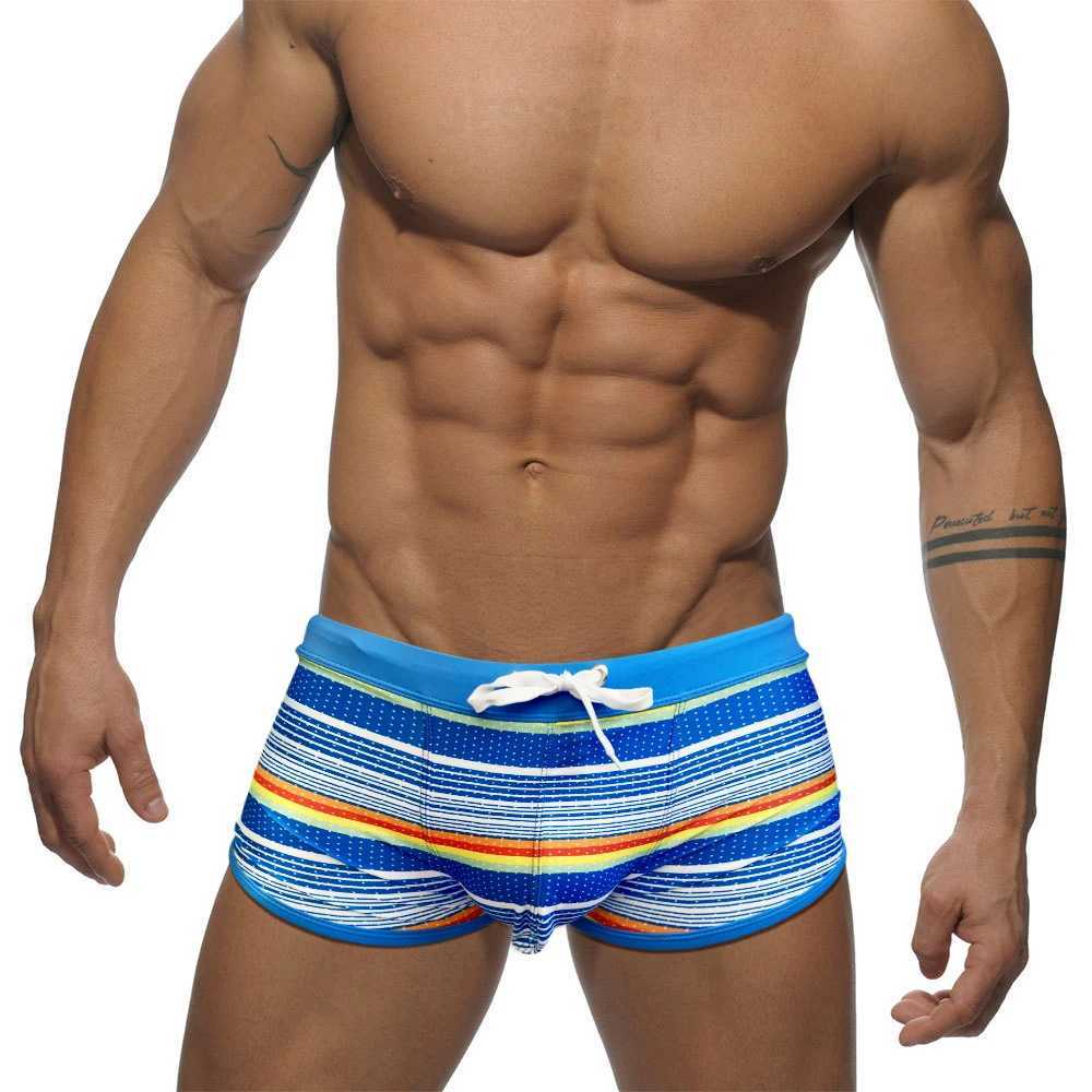 Sexy side split rainbow swimsuit mens quick drying terrace U-bag swimsuit summer fashionable mens beach surfing swimsuit M250218