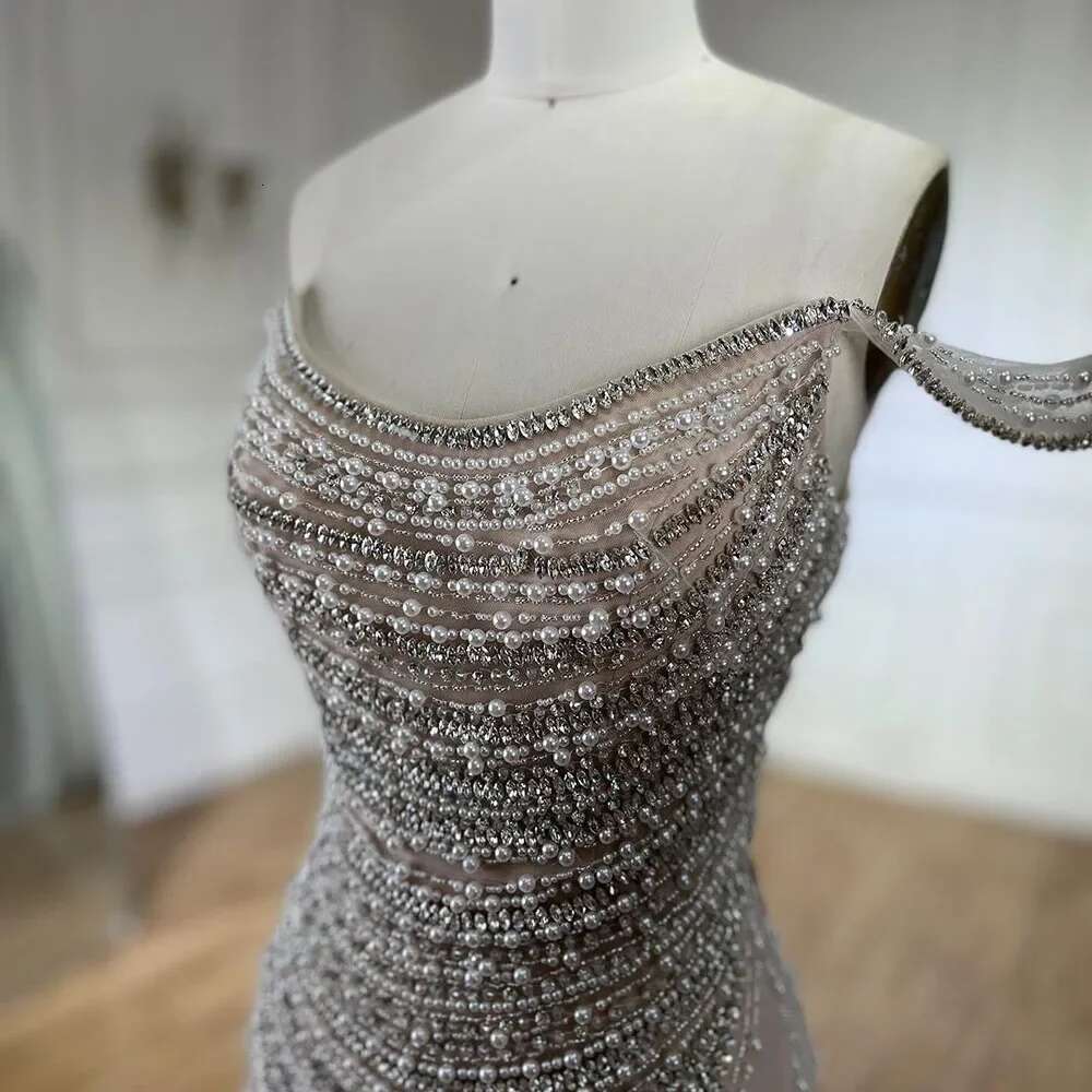 White Dubai Nude Strapless Mermaid Evening Dresses Gowns Pearls Beaded Evening Party Customize