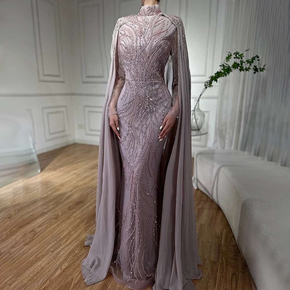 Arabic Saudi Pink Mermaid Evening Dress With Beaded Satin Cape Sleeves For Formal Ocn Customize BLA A mal
