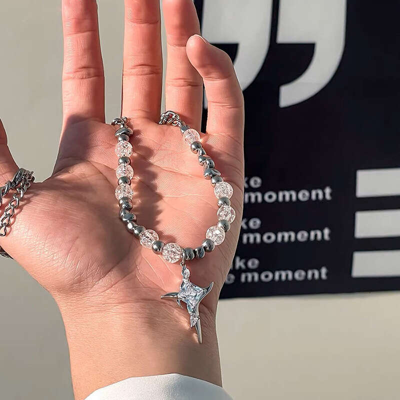 Ice cracked bead splicing cross titanium steel necklace for men's hip-hop niche high-end feeg, light , handsome and trendy sweater chain