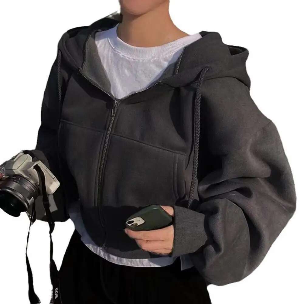 2024 Autumn/Winter New Coat Fashion Cropped Slims Zip-Up Warm Solid Color Hooded Sweatshirt For Women Jacket