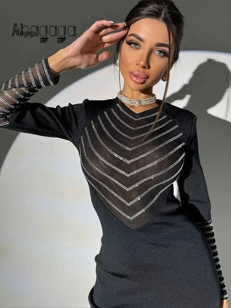 Basic Casual Dresses Ahagaga Mesh Rhinestone Dresses Fashion Patchwork Solid V-Neck Slim Fit Long Slves Diamonds Party Maxi Female Vestidos Robes H252