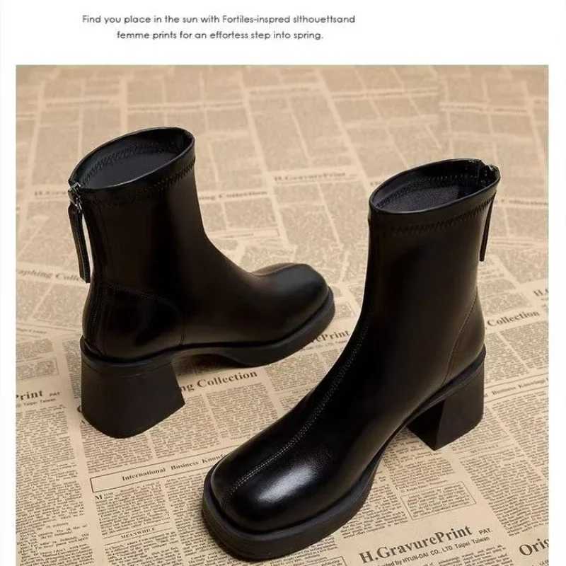 Black Womens Ankle Boots Fi Back Zippers Short Square Heel Women Shoes Anti-slip Thick Sole Leisure Daily Commute BootsXJ250217