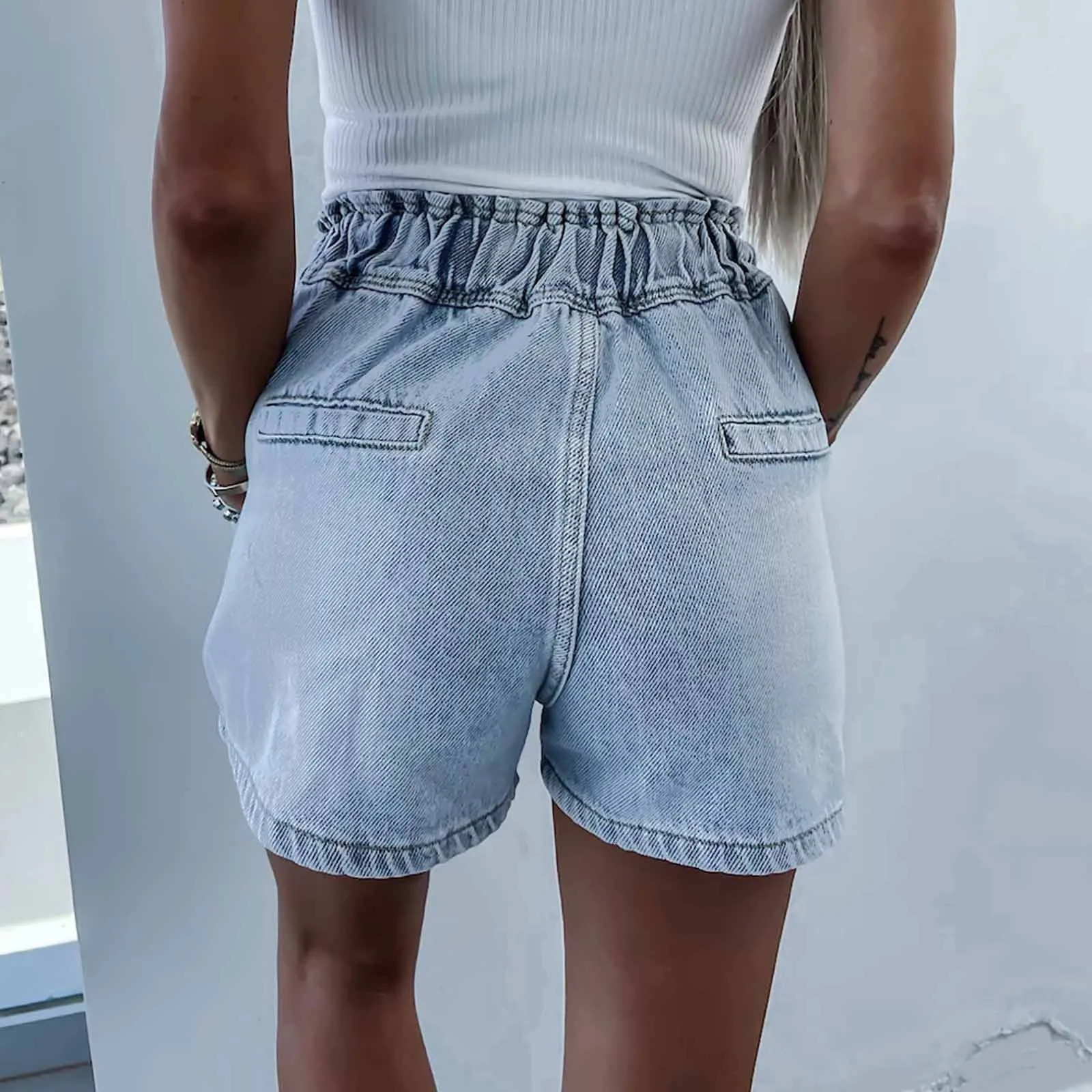 Light Blue Heart Rhinestone n Wide Leg Shorts Women Jeans Single Breasted Elastic High Waist Straight Shorts Denim Shorts 250217