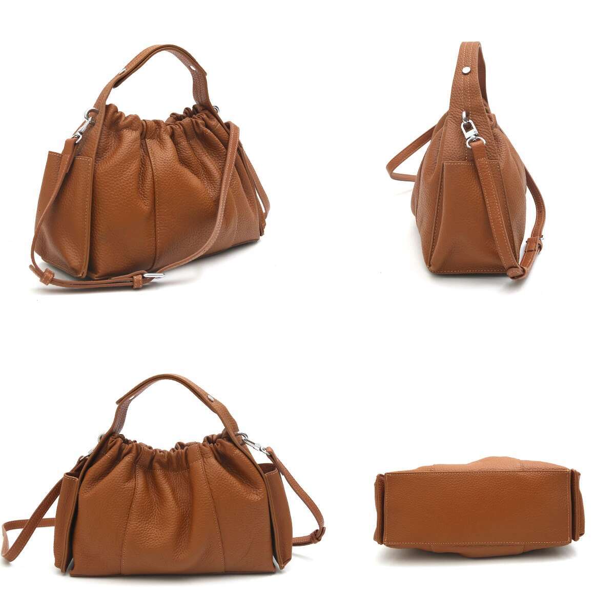 SC Fashionable Women Top-Handle Bag Genuine Leather Magnetic Elastic Closure Side Pockets Long Strap Shoulder Cross Body Handbag