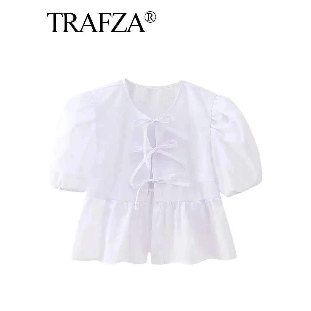 TRAFZA Women Causal O Neck Short Puff Sleeve Shirt Sweet White Bow Lace Up Tops 2024 New Fashion Chic Female Streetwear Blouse
